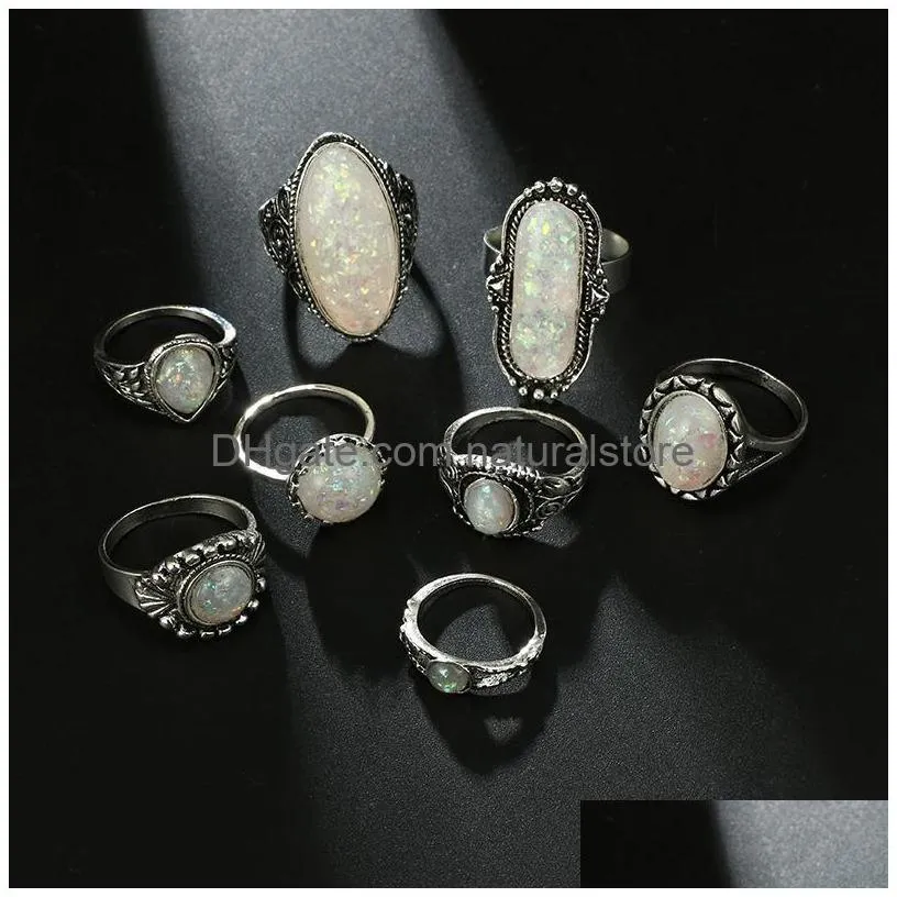 cluster rings tocona vintage antique silver color sets colorful opal crystal stone carve for women men bohemian jewelry anillos 6421