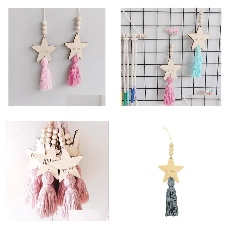 2021 new nordic style cute star shape wooden beads tassel pendant kids room decoration wall hanging ornament for photography