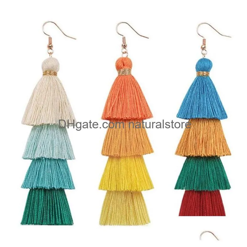 bohemian fashion tassel earrings handmade long fringe ear dangle 4 layers designer women 10 colors wholesale earring jewelry