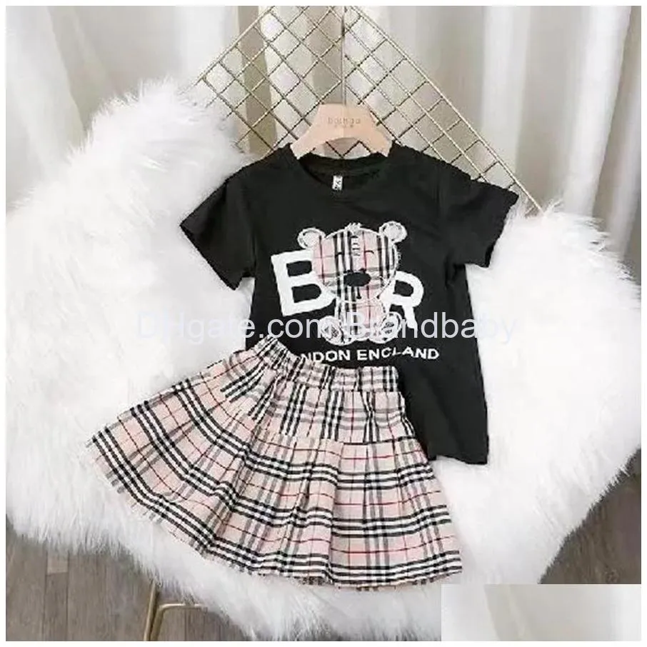 kids girls dress summer clothing sets short sleeve top t-shirt plaid skirts children baby clothes set 2pcs