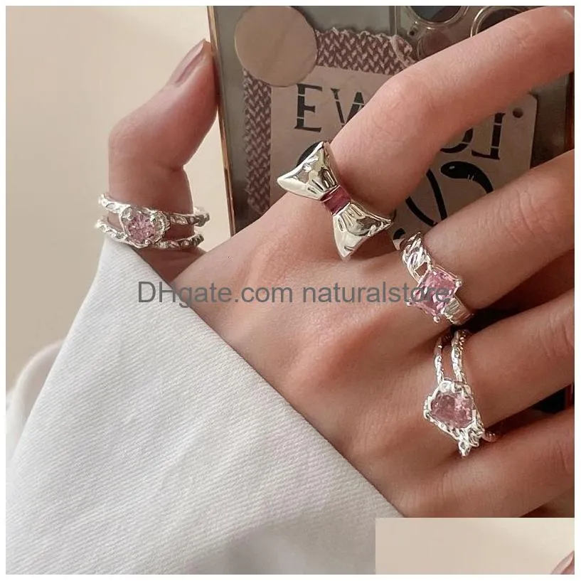 cluster rings kpop pink crystal love heart open ring for women bff wedding luxury vintage grunge aesthetic jewelry emo y2k accessories