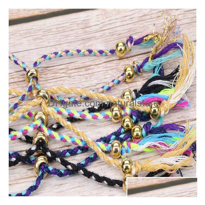 colorful fashion friend ship gift bracelets adjustable cotton wave rope hand line bracelet with copper beads multiple colors mixed