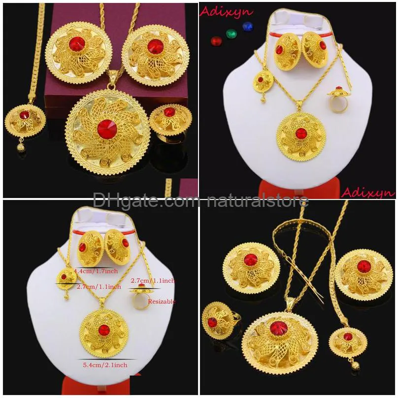 2017 ethiopian jewelry set 24k gold color crystal necklace/pendant/hair chain/earring/ring middle easter habesha wedding set j190705