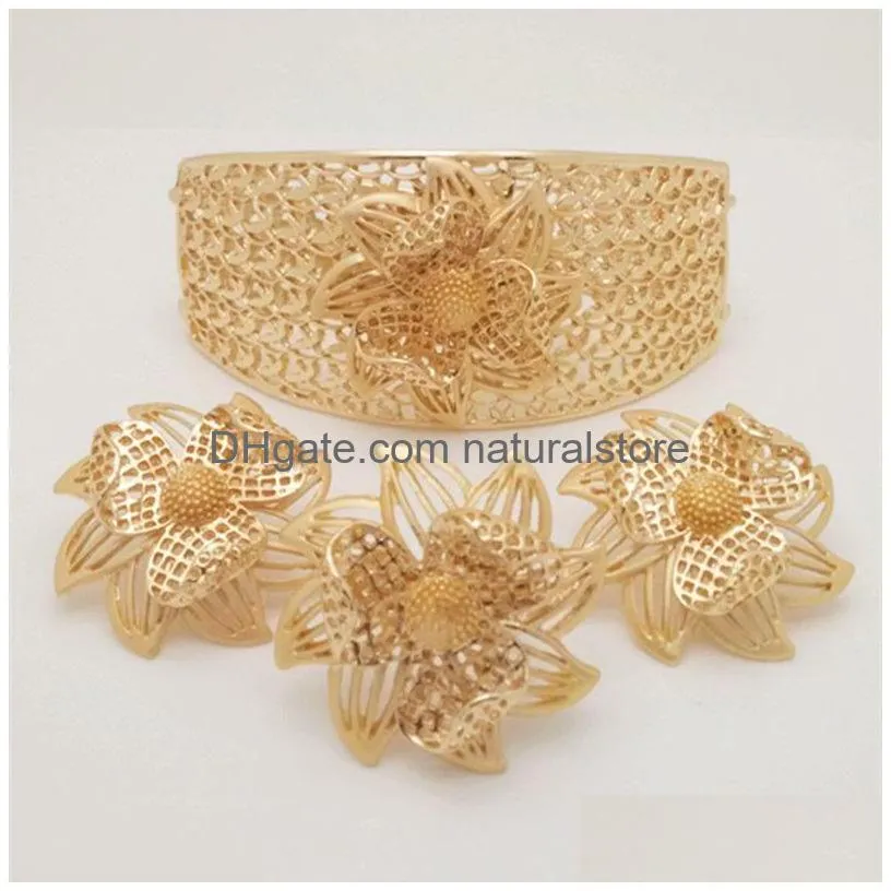 kingdom ma african nigerian wedding bridal big flower jewelry sets dubai gold color crystal necklace bracelet earrings ring set