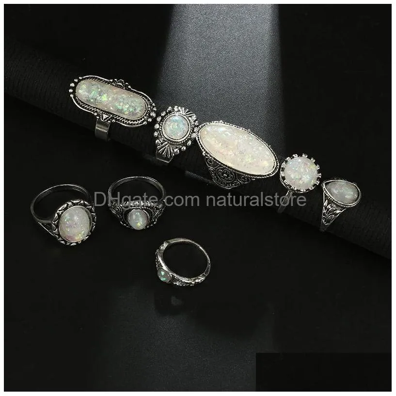 cluster rings tocona vintage antique silver color sets colorful opal crystal stone carve for women men bohemian jewelry anillos 6421