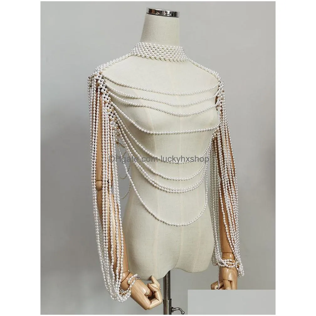 other fashion accessories women pearl tank top body chain jewelry sexy multilayer pearl tassel long sleeve bra chains camisole necklaces collar partywear