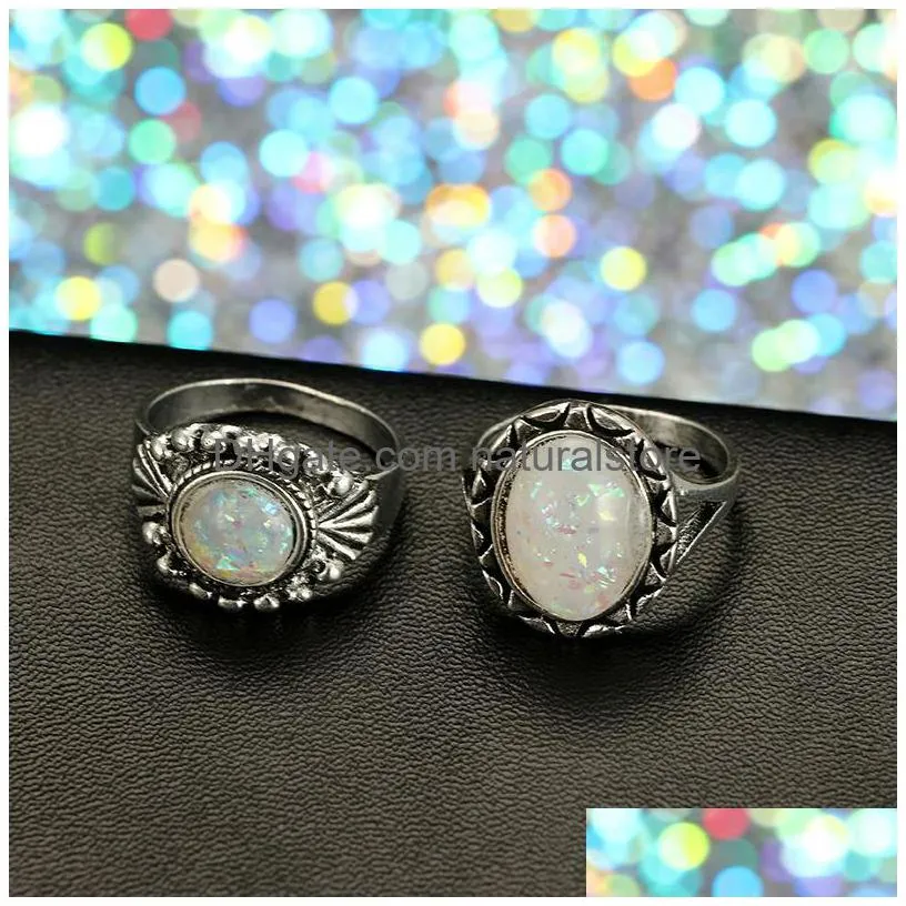 cluster rings tocona vintage antique silver color sets colorful opal crystal stone carve for women men bohemian jewelry anillos 6421