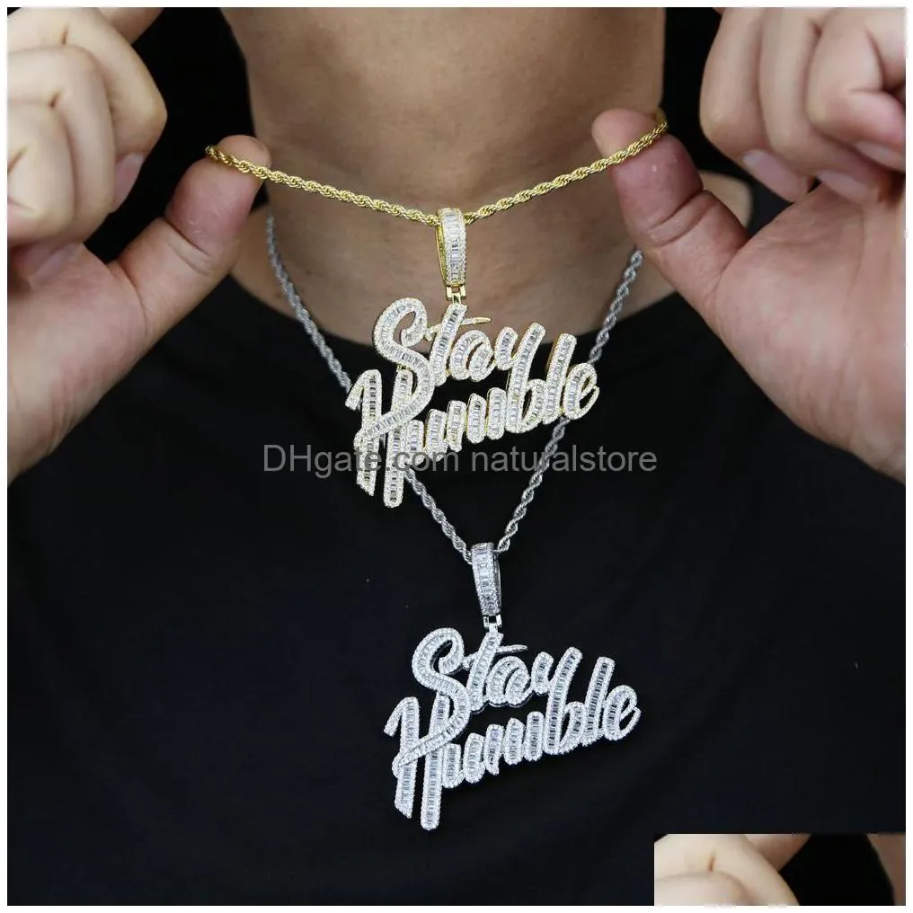 strands strings iced out bling cursive letter stay humble pendant necklace gold plated full cz zircon charm men fashion hiphop jewelry