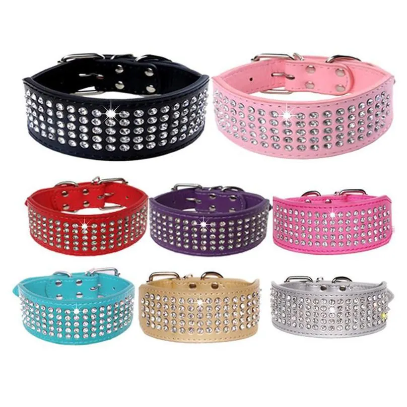 rhinestone leather dog collars bling diamante crystal studded dogs pet collars 2inch wide for medium & large dogs pitbull