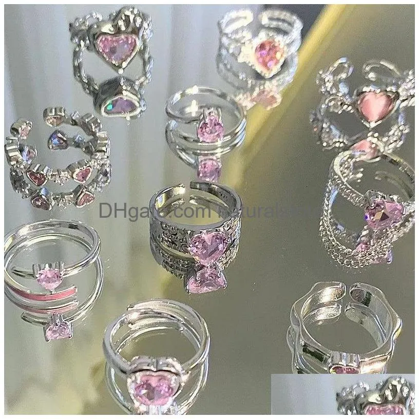cluster rings kpop pink crystal love heart open ring for women bff wedding luxury vintage grunge aesthetic jewelry emo y2k accessories