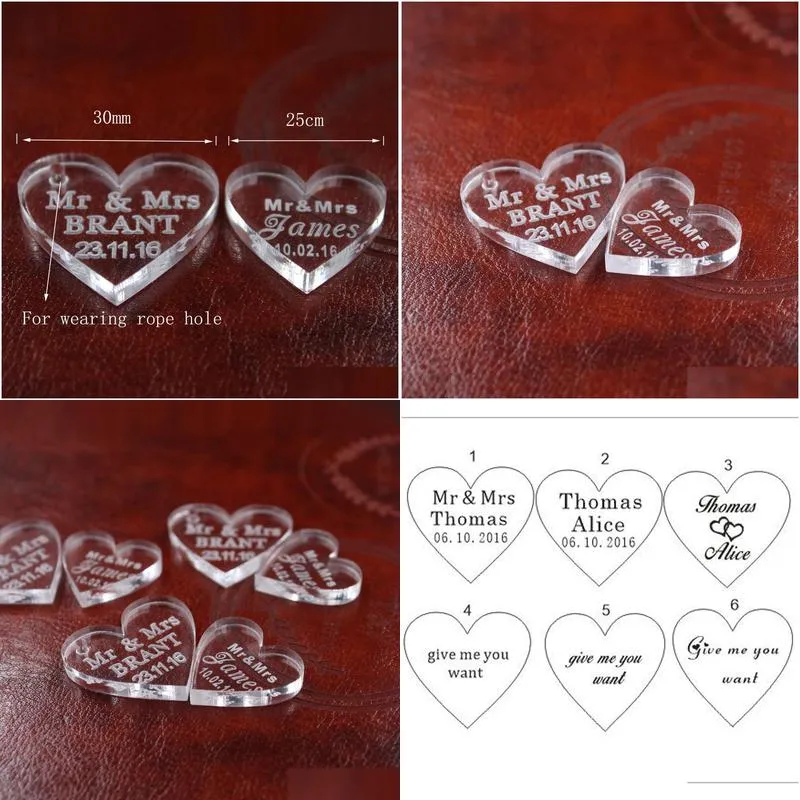 new wholesale-50 pcs customized crystal heart personalized mr mrs love heart wedding souvenirs table decoration centerpieces favors