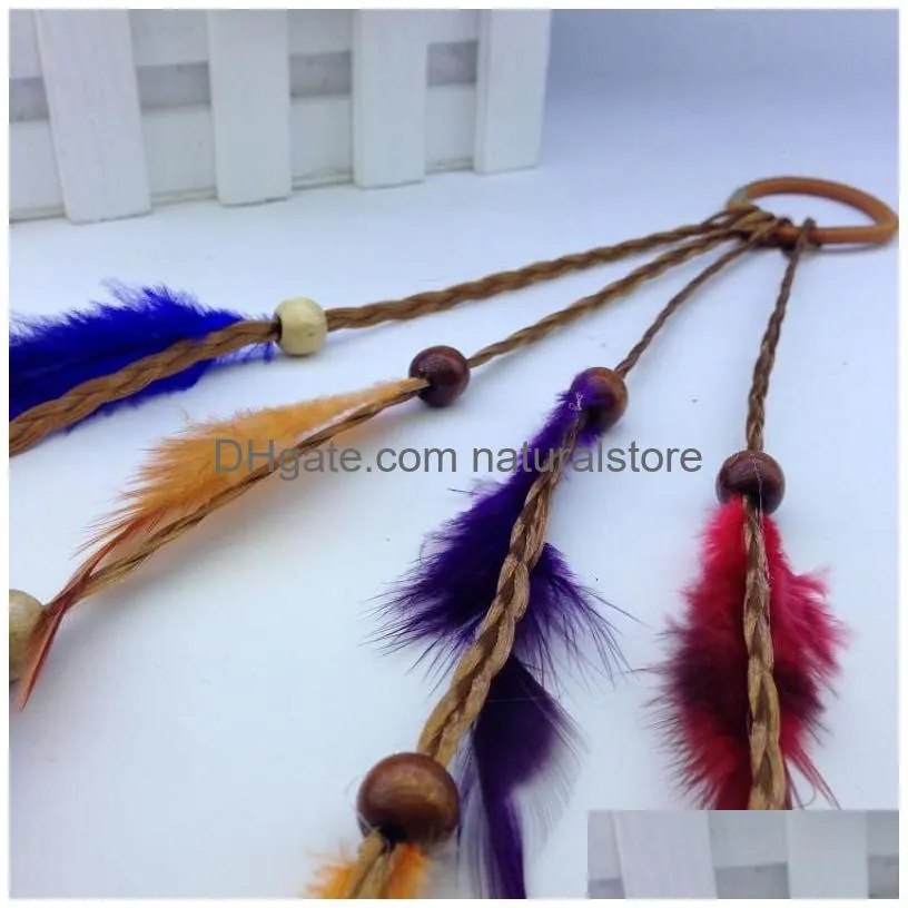 handmade bohemia feather hair rubber bands with plait wood beads girls hippie rope mix colors