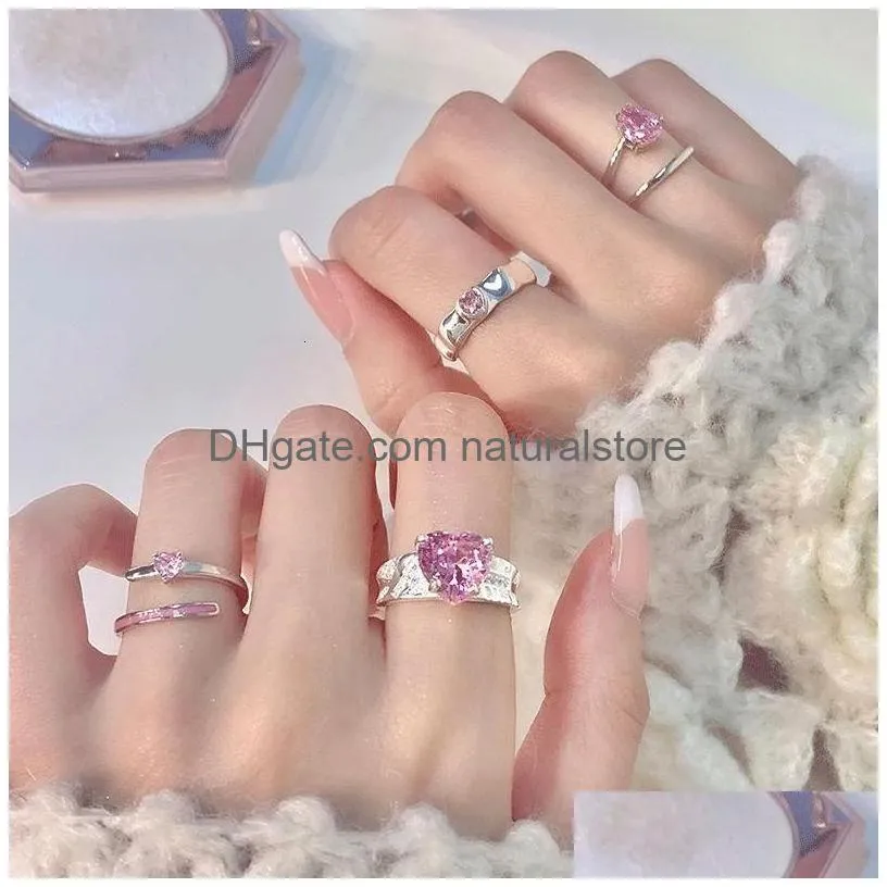 cluster rings kpop pink crystal love heart open ring for women bff wedding luxury vintage grunge aesthetic jewelry emo y2k accessories