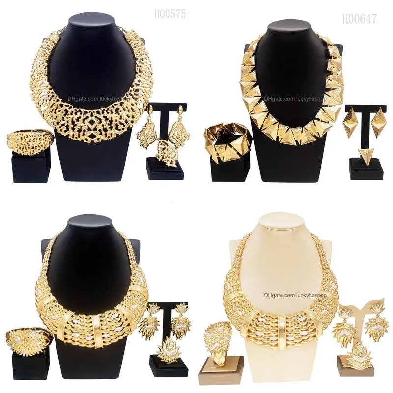 wedding jewelry sets woman jewelry set italian gold plated big necklace bracelet ring luxury hollow out round pendant banquet party favors