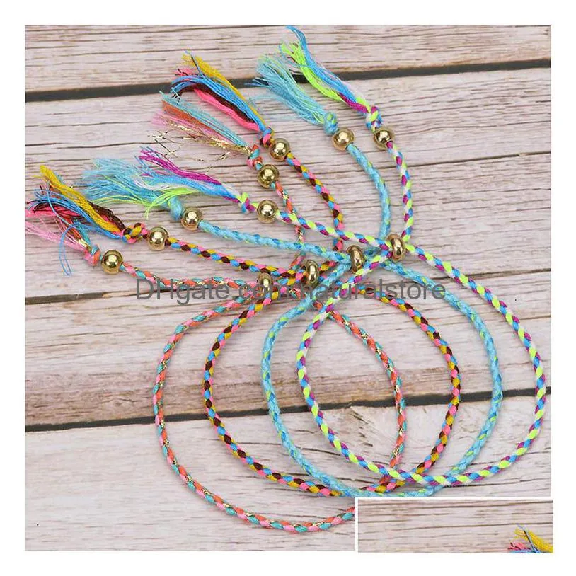 colorful fashion friend ship gift bracelets adjustable cotton wave rope hand line bracelet with copper beads multiple colors mixed