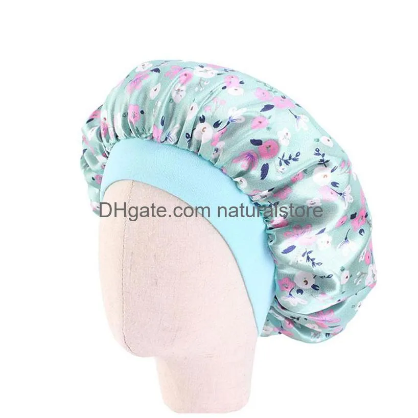 children printed tinted sleeping cap baby elastic hair care hat imitation silk round bonnet 9 colors