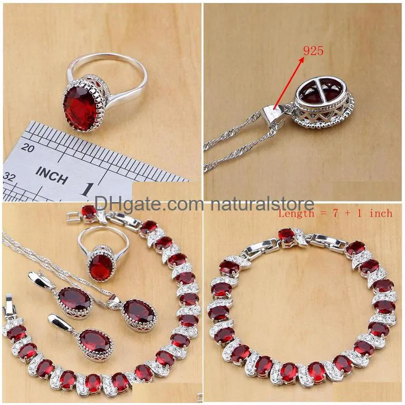 natural 925 sterling silver jewelry red birthstone charm jewelry sets women earrings/pendant/necklace/ring/bracelets t055 j190707