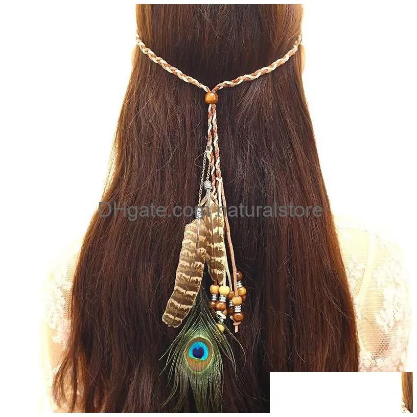girl`s hippie indian peacock feather headband bohemia style fashion woven fascinators head rope leopard 5 styles wholesale