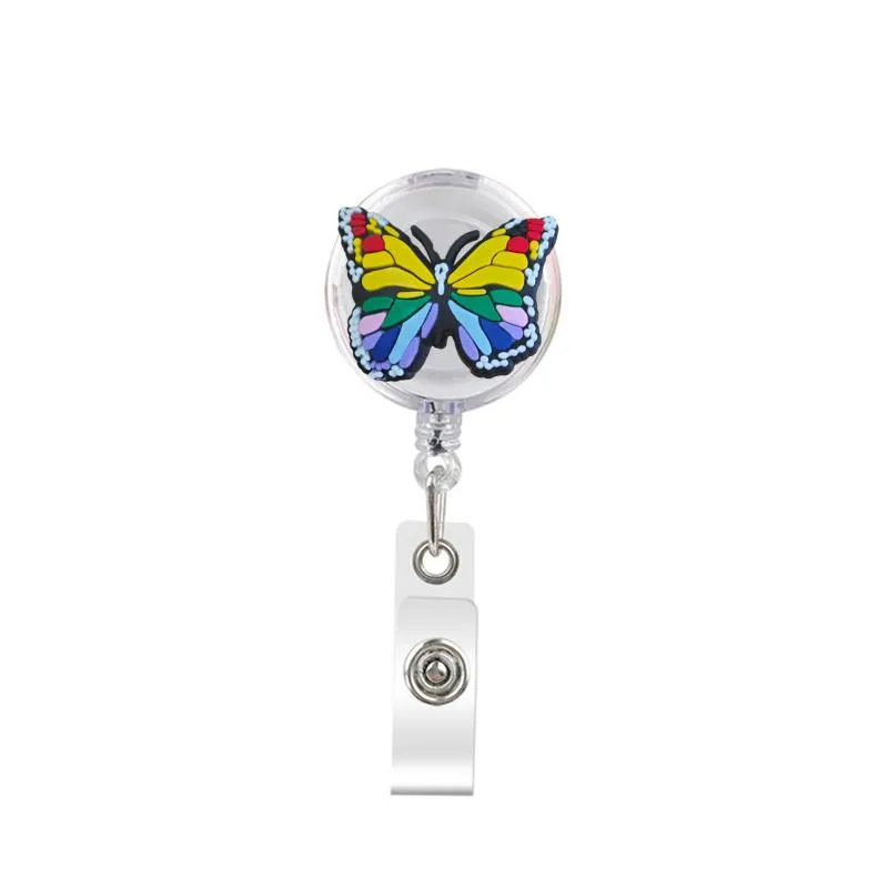 cartoon cute retractable badge holder badge reel nurse id badge holder rainbow butterfly key chain alligator clip with 367° rotation.