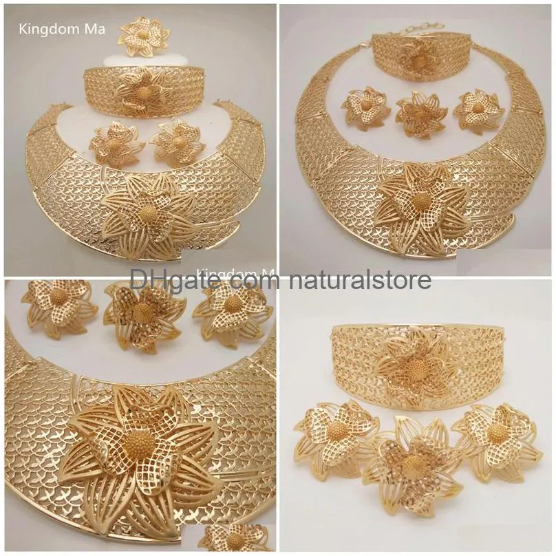kingdom ma african nigerian wedding bridal big flower jewelry sets dubai gold color crystal necklace bracelet earrings ring set
