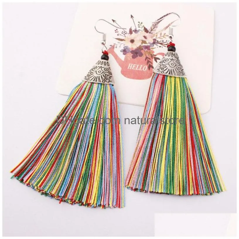 colorful long tassel dangle chandelier ethnic style bridal earrings catwalk exaggerated fringe ear drop 9 colors 24pairs/lot wholesale