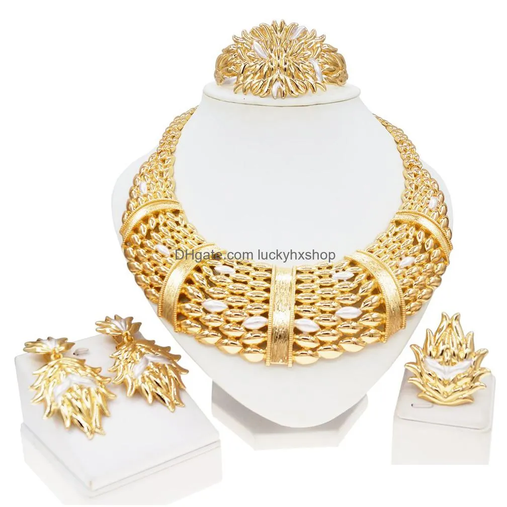 wedding jewelry sets woman jewelry set italian gold plated big necklace bracelet ring luxury hollow out round pendant banquet party favors