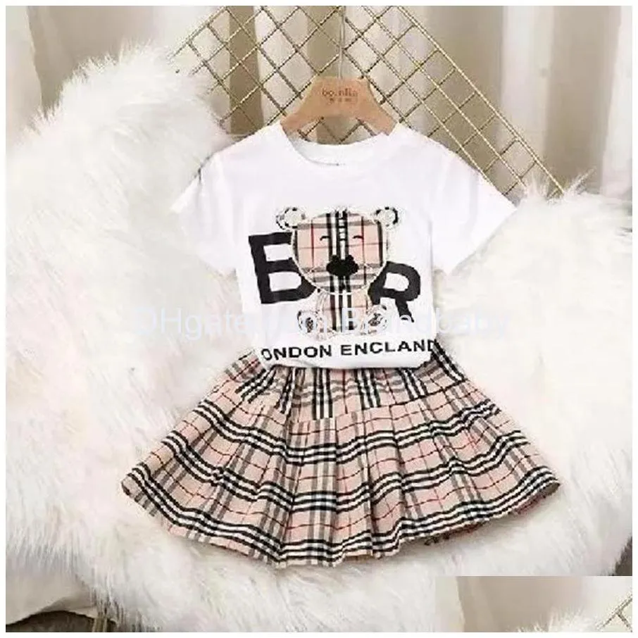 kids girls dress summer clothing sets short sleeve top t-shirt plaid skirts children baby clothes set 2pcs