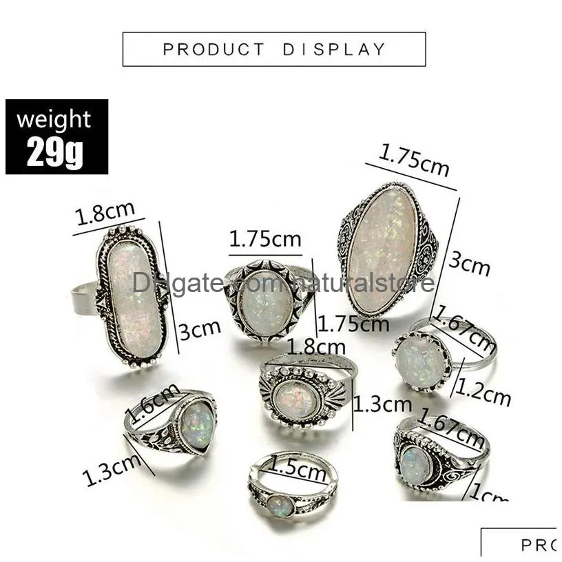 cluster rings tocona vintage antique silver color sets colorful opal crystal stone carve for women men bohemian jewelry anillos 6421