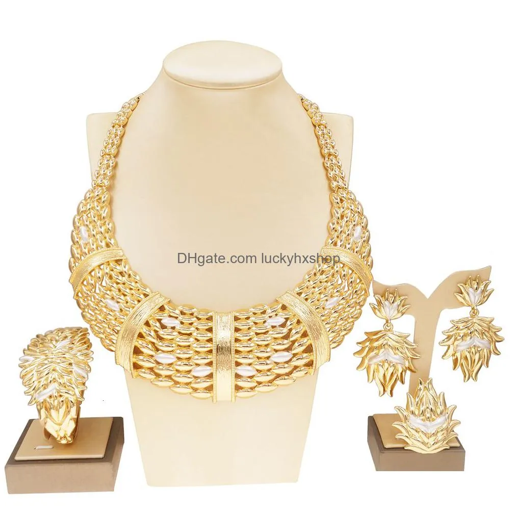 wedding jewelry sets woman jewelry set italian gold plated big necklace bracelet ring luxury hollow out round pendant banquet party favors