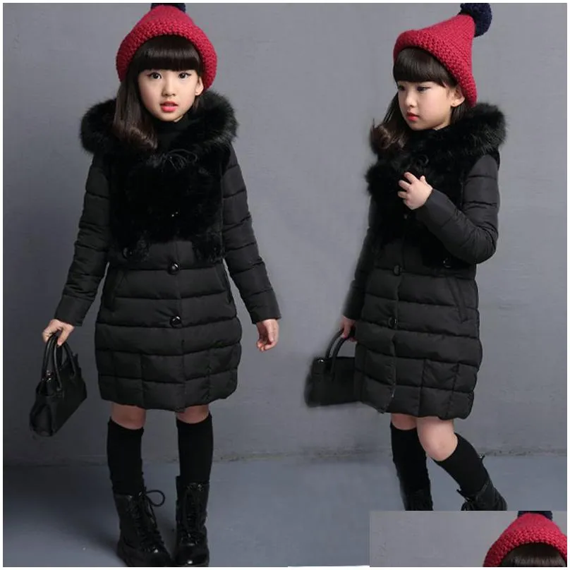 teenage warm fur winter long fashion thick kids hooded jacket coat for girl outerwear 4-10 years baby girls clothes c0924