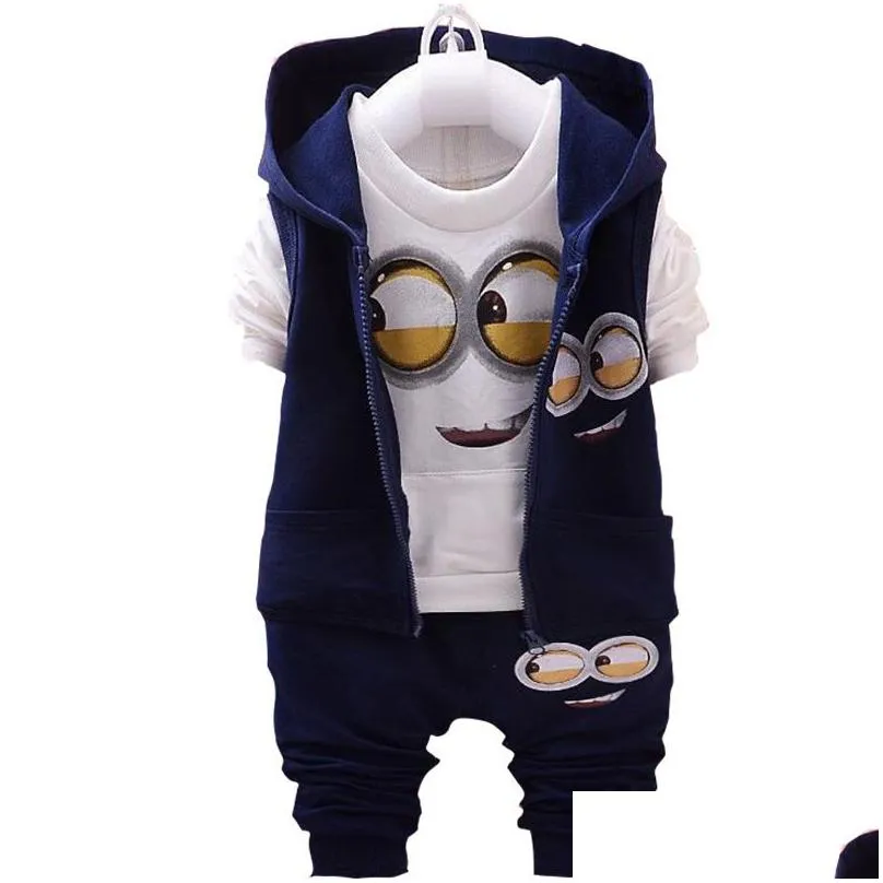 baby girls boys minions clothing sets children new spring and autumn cartoon cotton suit hooded vest +t shirt +pants clothes set