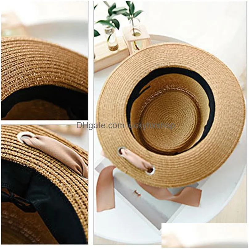 ymsaid summer sun hat fashion girl straw ribbon bow beach casual flat top panama bone feminino 220318