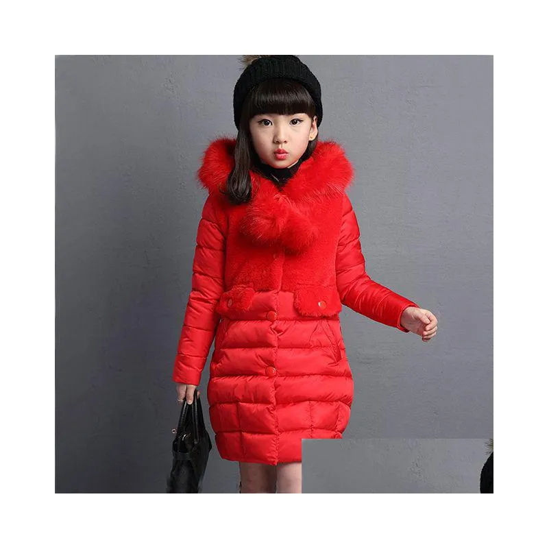 teenage warm fur winter long fashion thick kids hooded jacket coat for girl outerwear 4-10 years baby girls clothes c0924