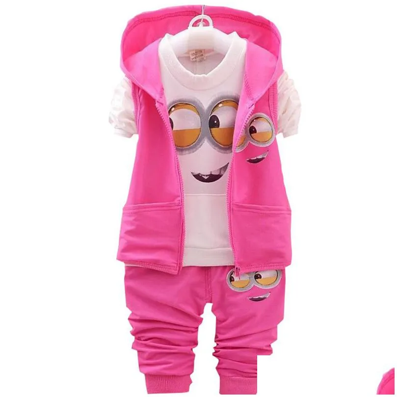 baby girls boys minions clothing sets children new spring and autumn cartoon cotton suit hooded vest +t shirt +pants clothes set