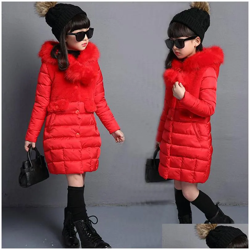 teenage warm fur winter long fashion thick kids hooded jacket coat for girl outerwear 4-10 years baby girls clothes c0924