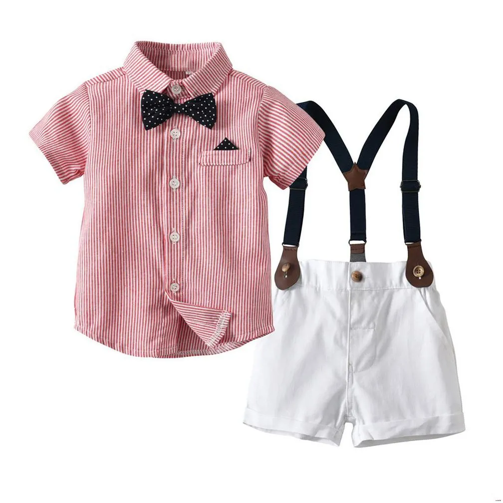 baby boy gentleman clothes set summer suit for toddler white shirt with bow tie+suspender shorts formal newborn boys clothes