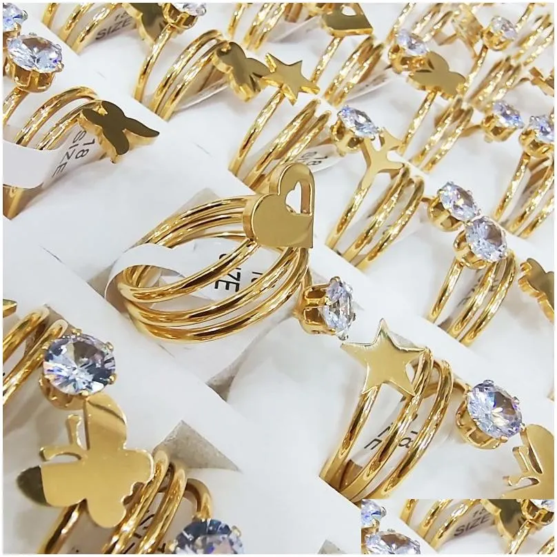 30 pieces batch fashionable heartshaped love butterfly with rhinestone stainless steel ring spiral gold plated womens jewelry party