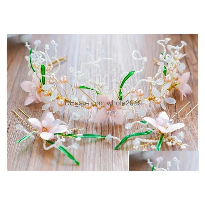 Chic Handmade Flowers Pearls Half Bridal Crowns Sets Gold Hairstyles For Bride Bohemian Hairpieces Sets H37-2