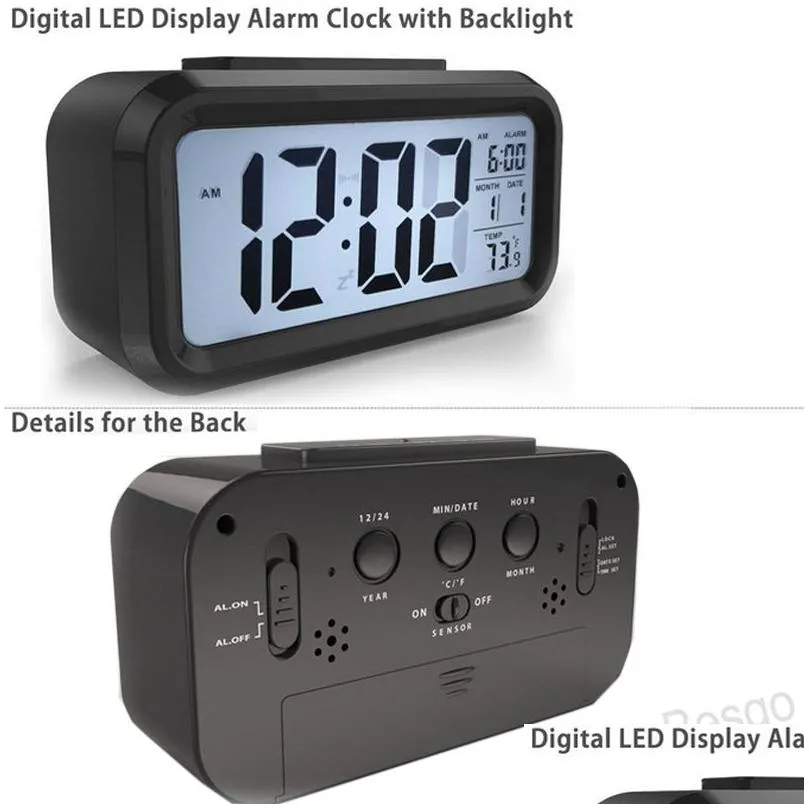 Plastic Mute Alarm Clock LCD Smart Clock Temperature Cute Photosensitive Bedside Digital Alarm Clock Snooze Nightlight Calendar BH4298