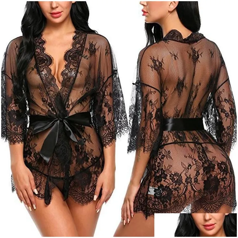 womens sleepwear plus size nightgown women sexy lingerie see-thru lace dress babydoll kimono robe mesh nightwear