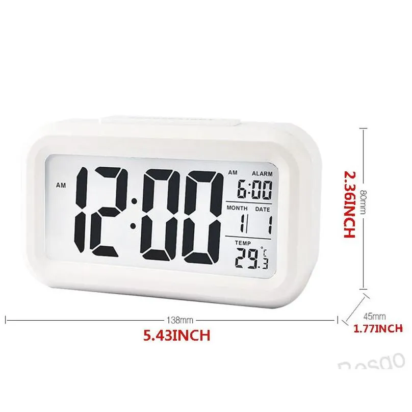 Plastic Mute Alarm Clock LCD Smart Clock Temperature Cute Photosensitive Bedside Digital Alarm Clock Snooze Nightlight Calendar BH4298