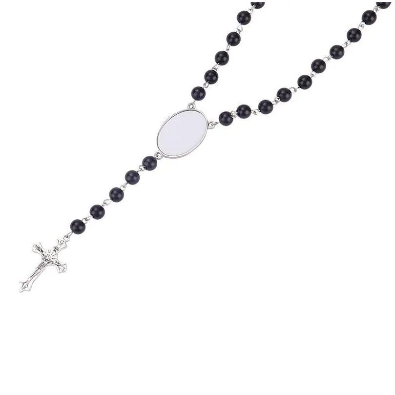 wholesale layered choker necklace sublimation blanks pearl cross women pendant long rosary bead chain jesus catholic crucifix blank