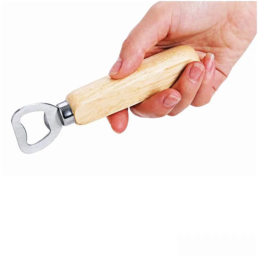 Stainless Steel Wooden Handle Red Wine Beer Bottle Opener Handheld Bartender Soda Glass Cap Openers Kitchen Bar Tools KD