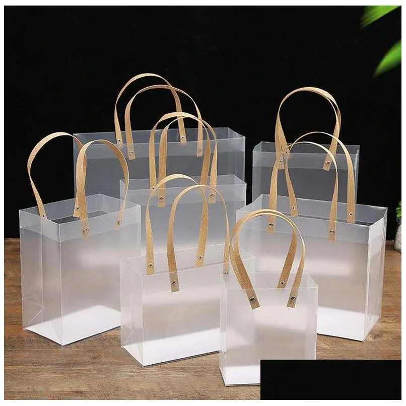 Clear Gift Tote Bags with Handles Bulk Bouquet PVC Party Favors Bag for Wedding Birthdays Bridal Showers Festival Treat White Frosted Retail Bags