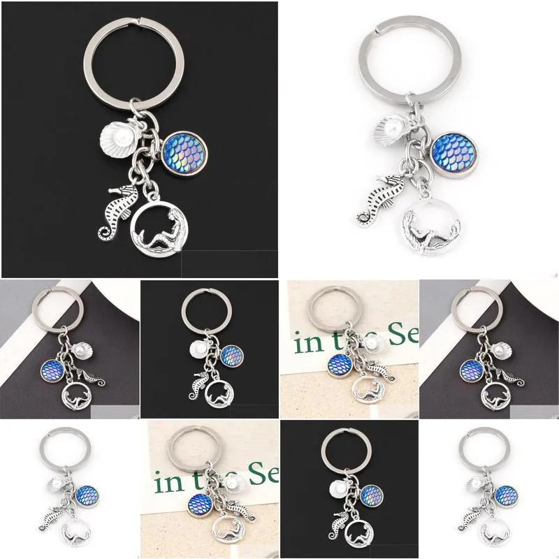 keychains 1pc vintage little ocean mermaid seahorse keyring fish scale shell pendant keychain for women girl gift jewelry crafts e2586