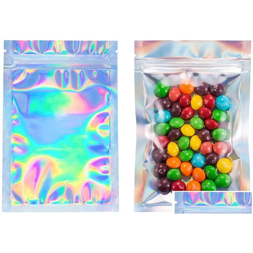 wholesale 100 Pieces Resealable Smell Proof Bags Foil Pouch Bag Flat laser color Packaging Bag for Party Favor Food Storage Holographic