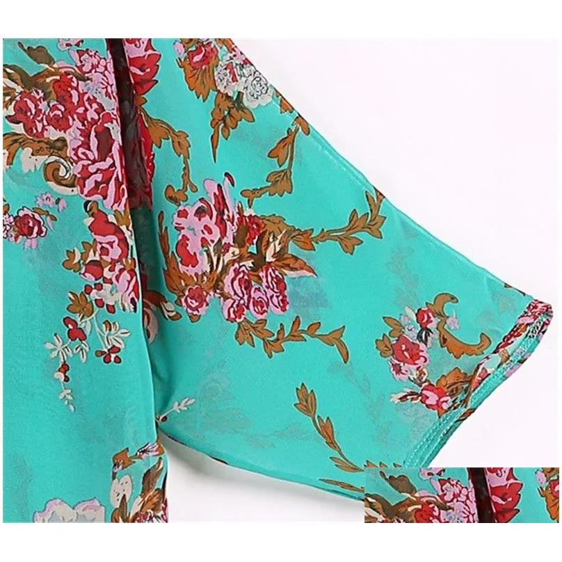 women spain style long chiffon blouse kimono cardigan shirts loose tassel regular floral printed open green fringe blouse size