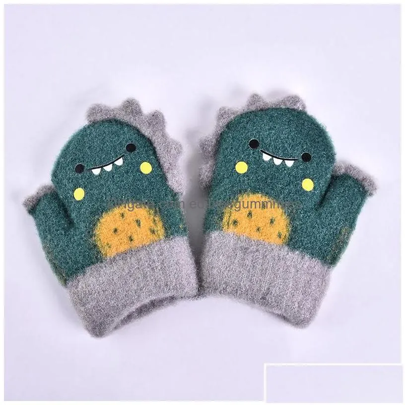 mitten for children cute cartoon dinosaur warmer thick knitted mittens baby hanging neck winter glove soft kids gloves r dhmty