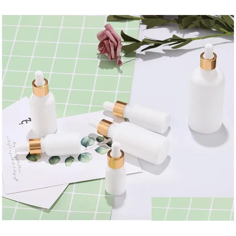 wholesale newest 10ml 15ml 20ml 30ml 50ml 100ml glass dropper bottles white porcelain essential oil cosmetic containers with gold cap