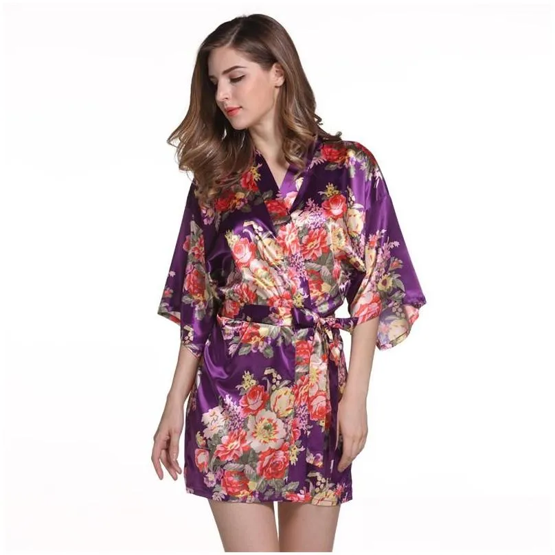 satin wedding bride bridesmaid robe floral bathrobe flower print kimono robe dressing night gown for women